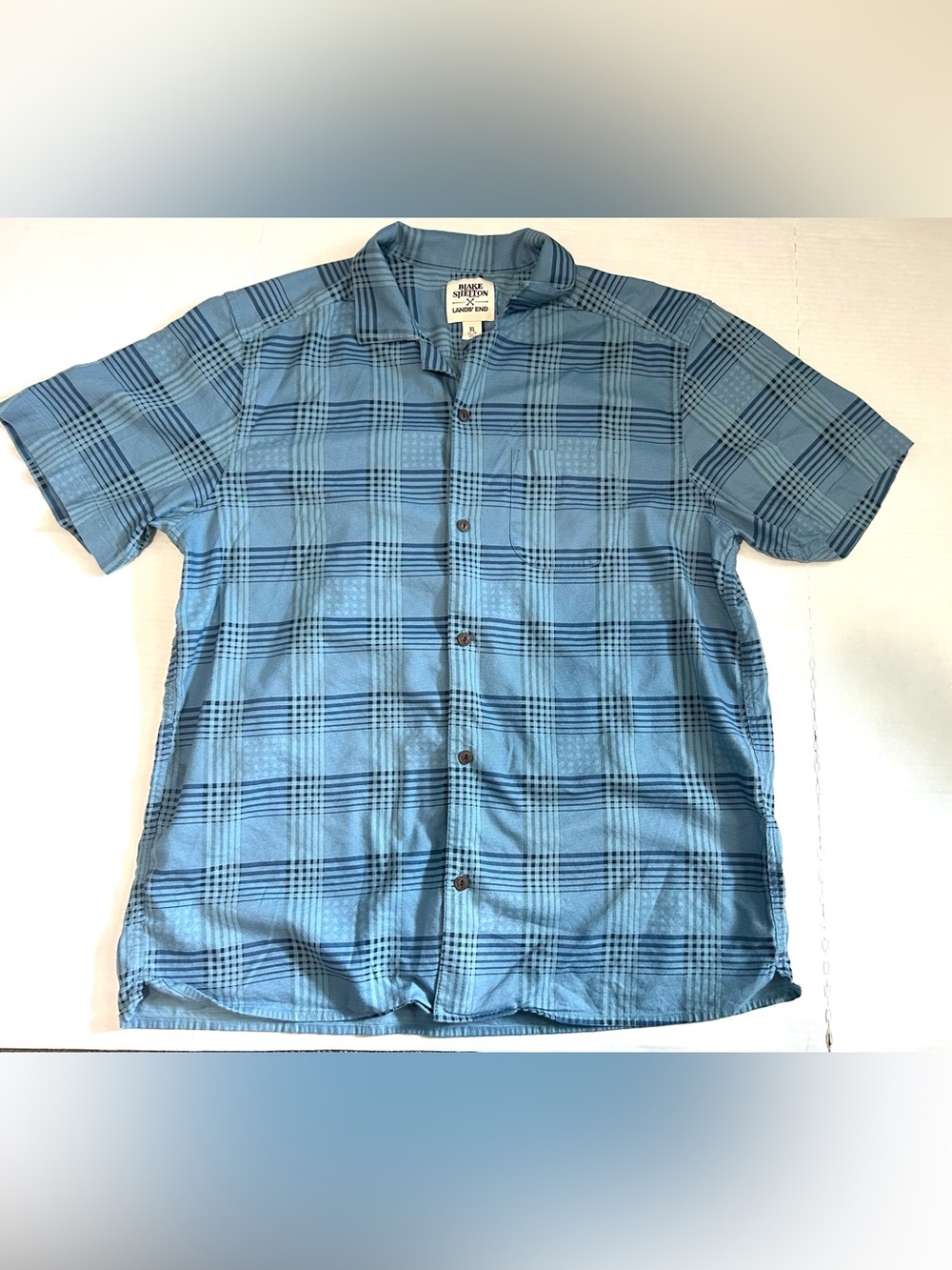 Lands' End Light Blue Plaid Short Sleeve Button-Up Shirt Soft Stars & Stripes XL